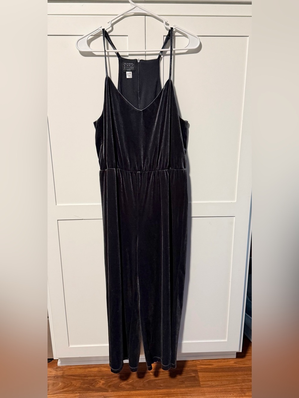 Simply Styled Charcoal Gray/Bakck Velour Spaghetti Strap Jumpsuit